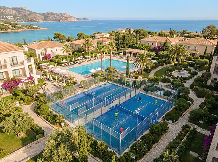 Aerial view of a coastal padel resort